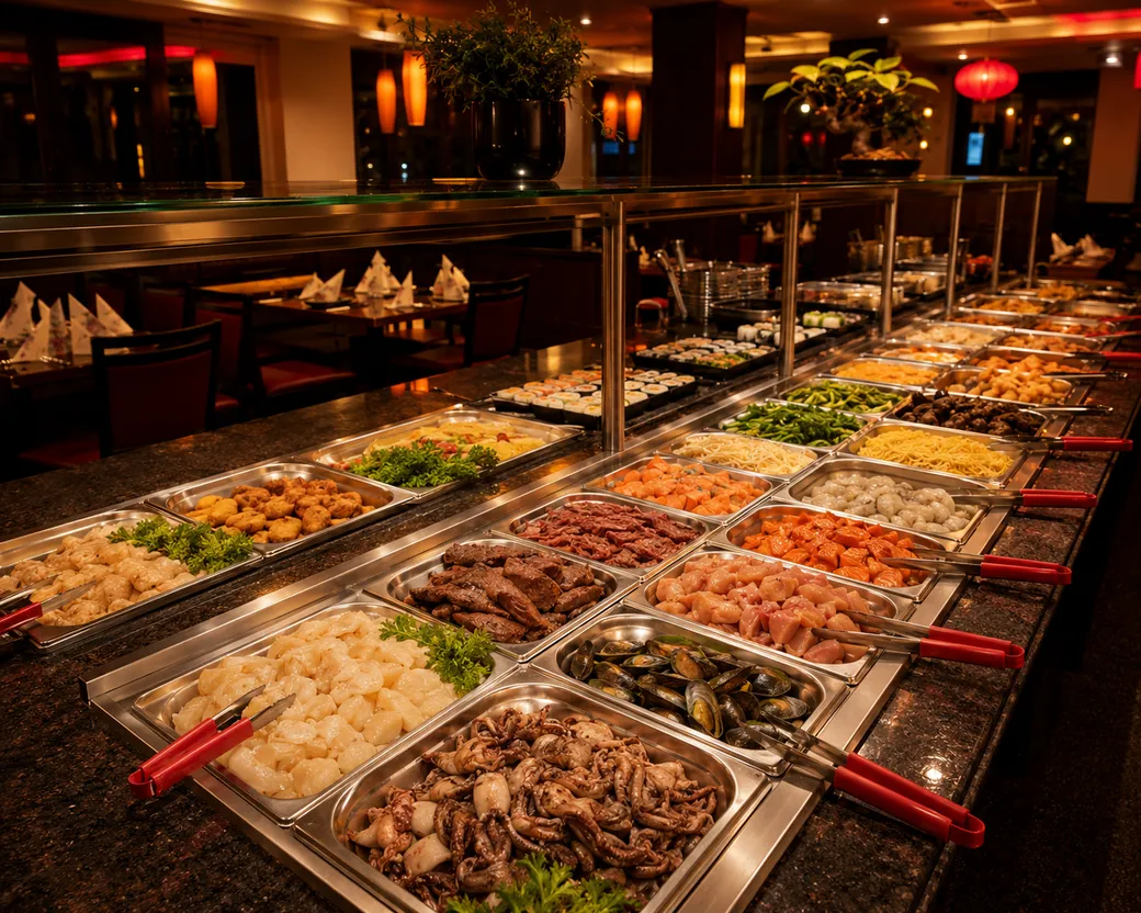Reich gedecktes Buffet im East Star Restaurant mit Fleisch, Fisch und Gemüse