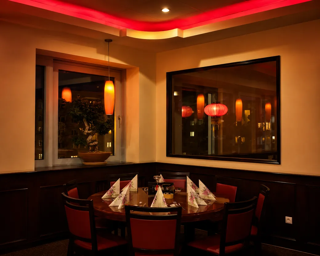Gedeckter Tisch im stimmungsvoll beleuchteten Gastraum des East Star Restaurants